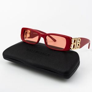 NEW Balenciaga BB0096S 003 Red Gold Logo Rectangle Women Sunglasses